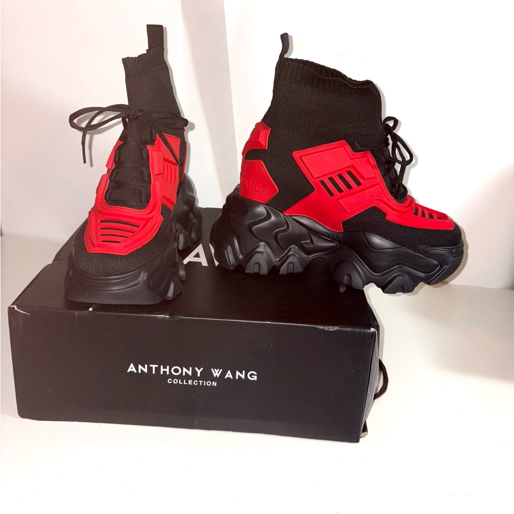 Anthony Wang pomegranate red and black platform sneakers